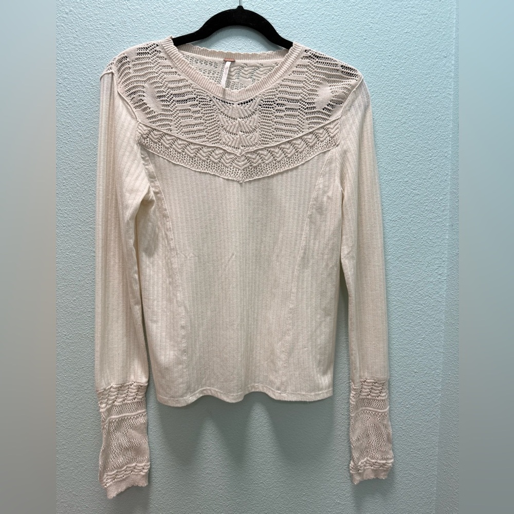 Free People Colette Crochet Yoke Cuffs Sand Cream Long Sleeve Top - Size M